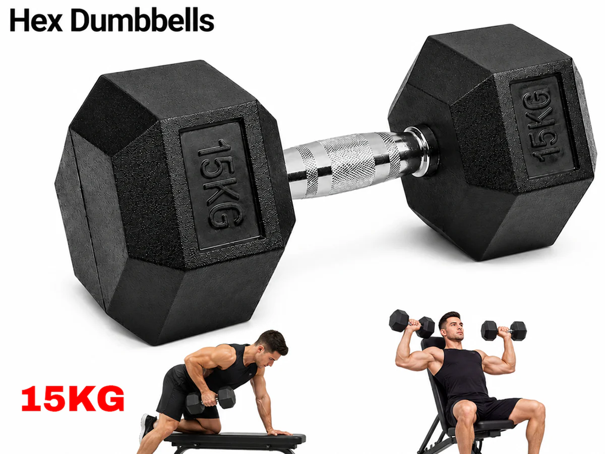 15kg Rubber Hex Dumbbell - Image 2