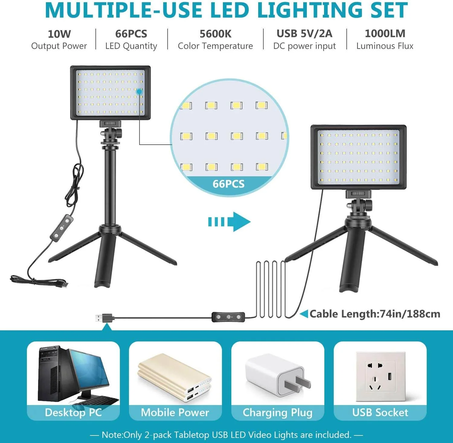 2-Pack Dimmable 5600K USB LED Video Light with Adjustable Tripod Stand - Image 4