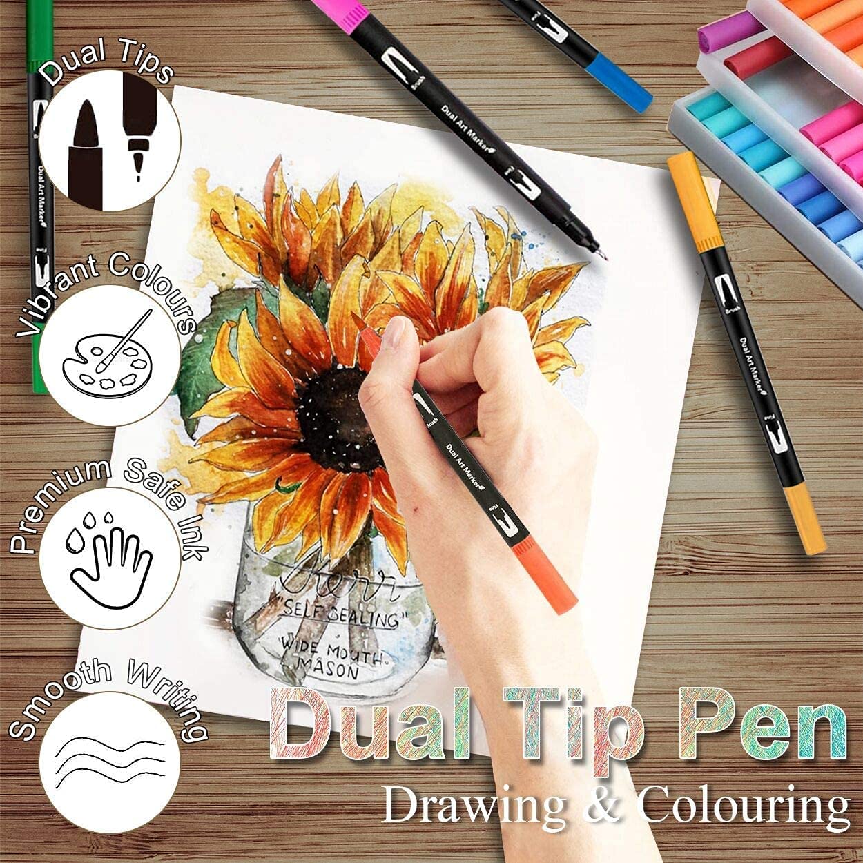 60 Colour Dual Tip Watercolour Marker Pens Set - Image 5
