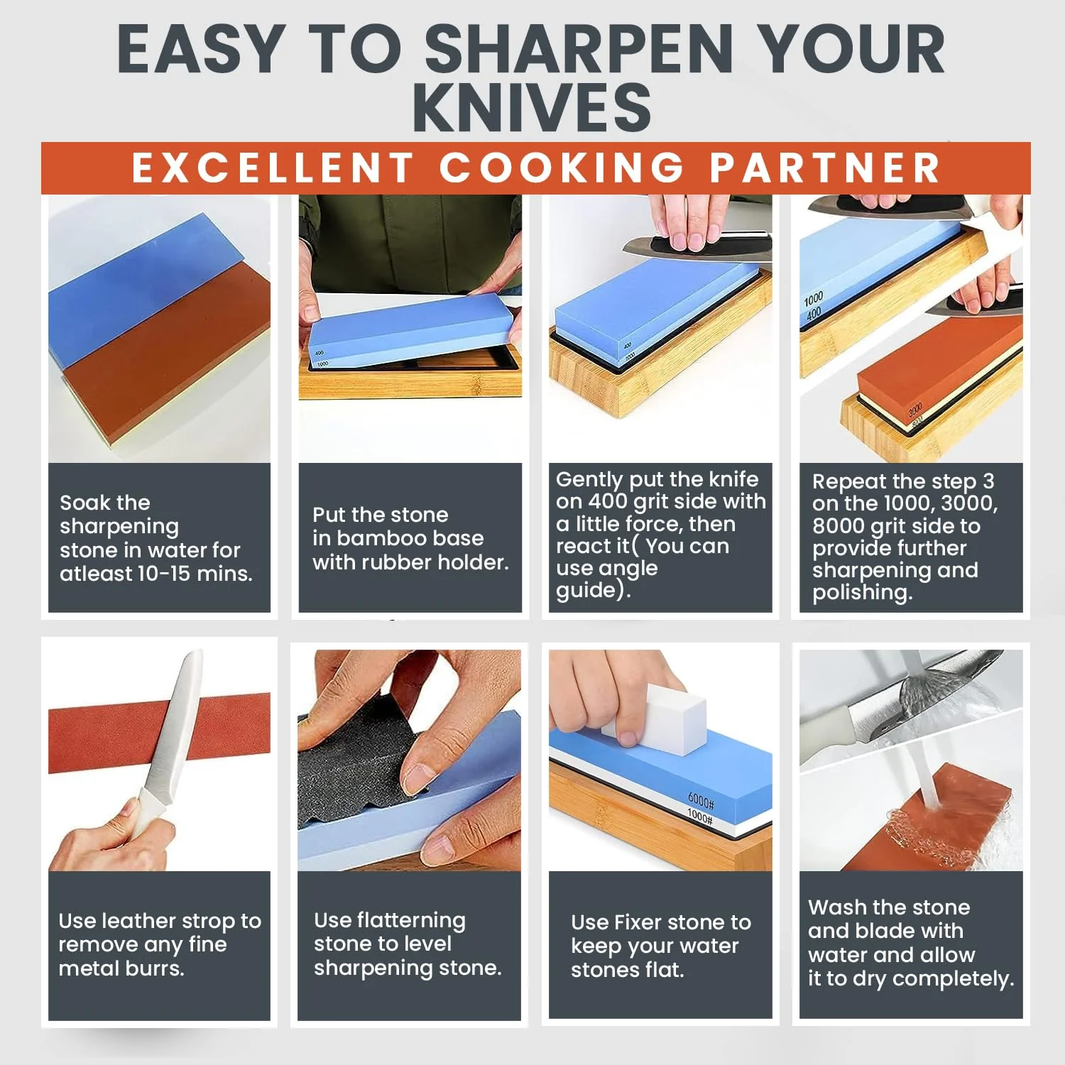 Whetstone Knife Sharpening Stone Set 400 1000 3000 8000 Grit with Bamboo Base - Image 10
