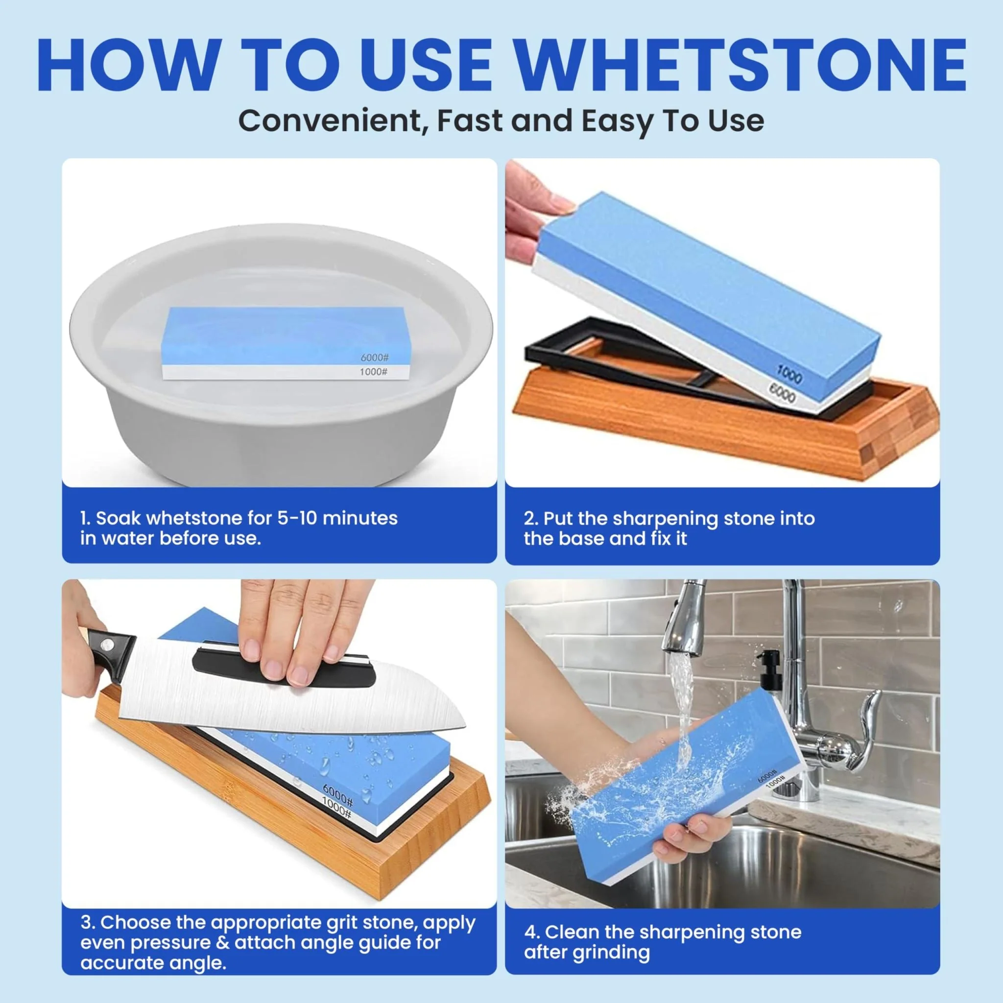 Whetstone Knife Sharpening Stone Set 400 1000 3000 8000 Grit with Bamboo Base - Image 6
