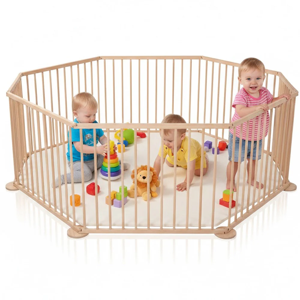 Deluxe Wooden Play Yard Safety Barrier 8 Panel Indoor Activity Area