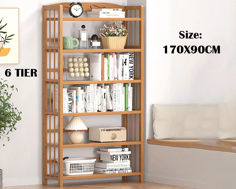 6 Tier Shelf bamboo Bookcase Bookshelf - Image 4