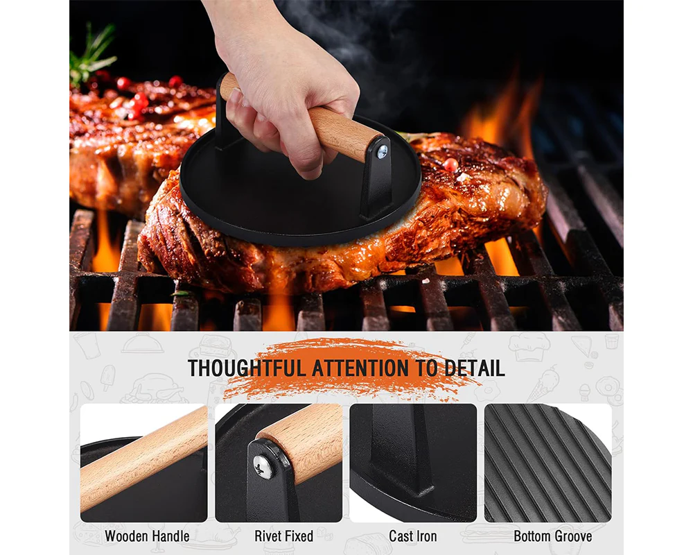 Cast Iron Smash Burger Press BBQ Cast Iron Smash Burger Press with Silicone Handle - Image 4