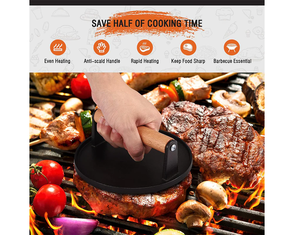 Cast Iron Smash Burger Press BBQ Cast Iron Smash Burger Press with Silicone Handle - Image 5