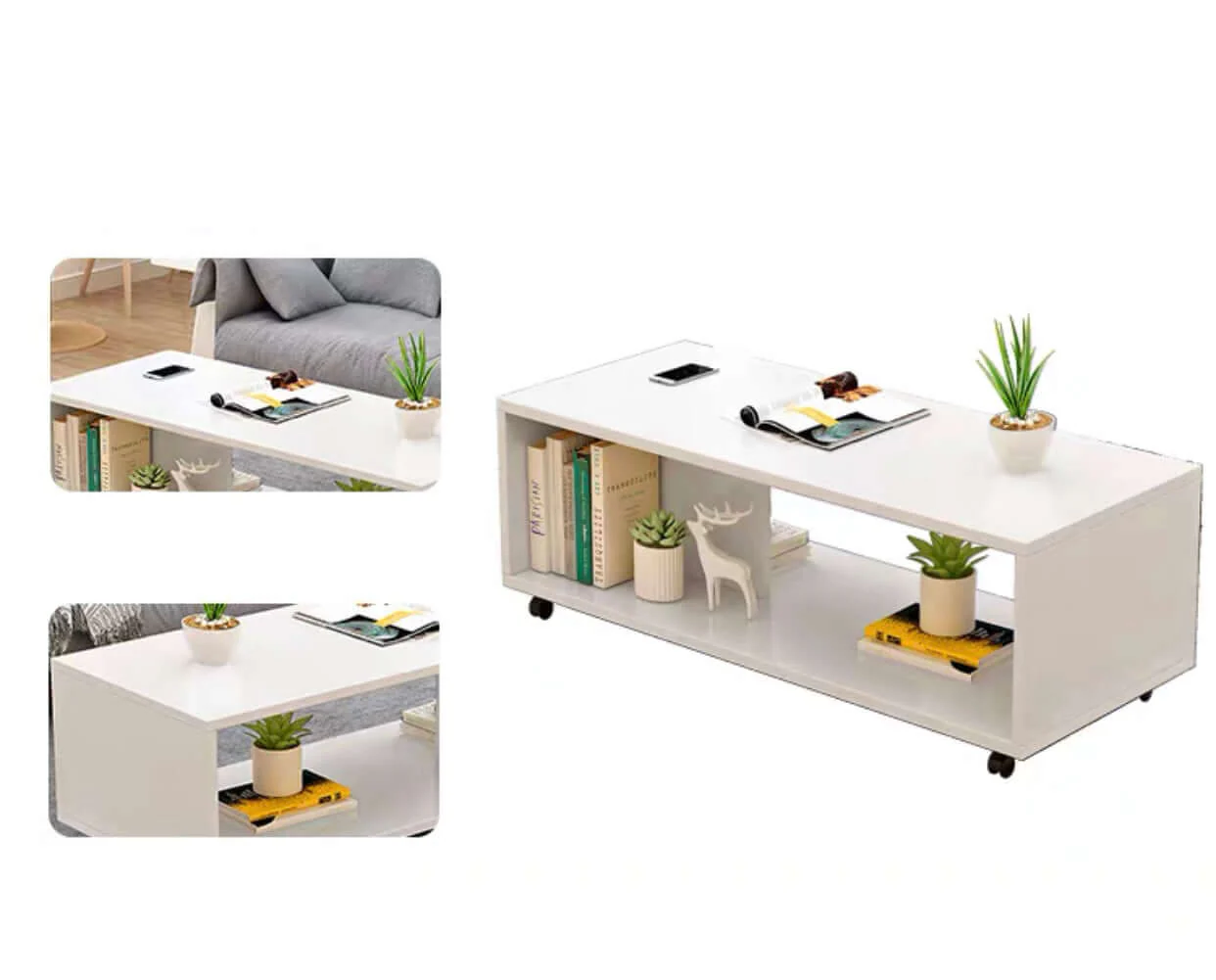 Coffee Table White with Wheels - Image 5