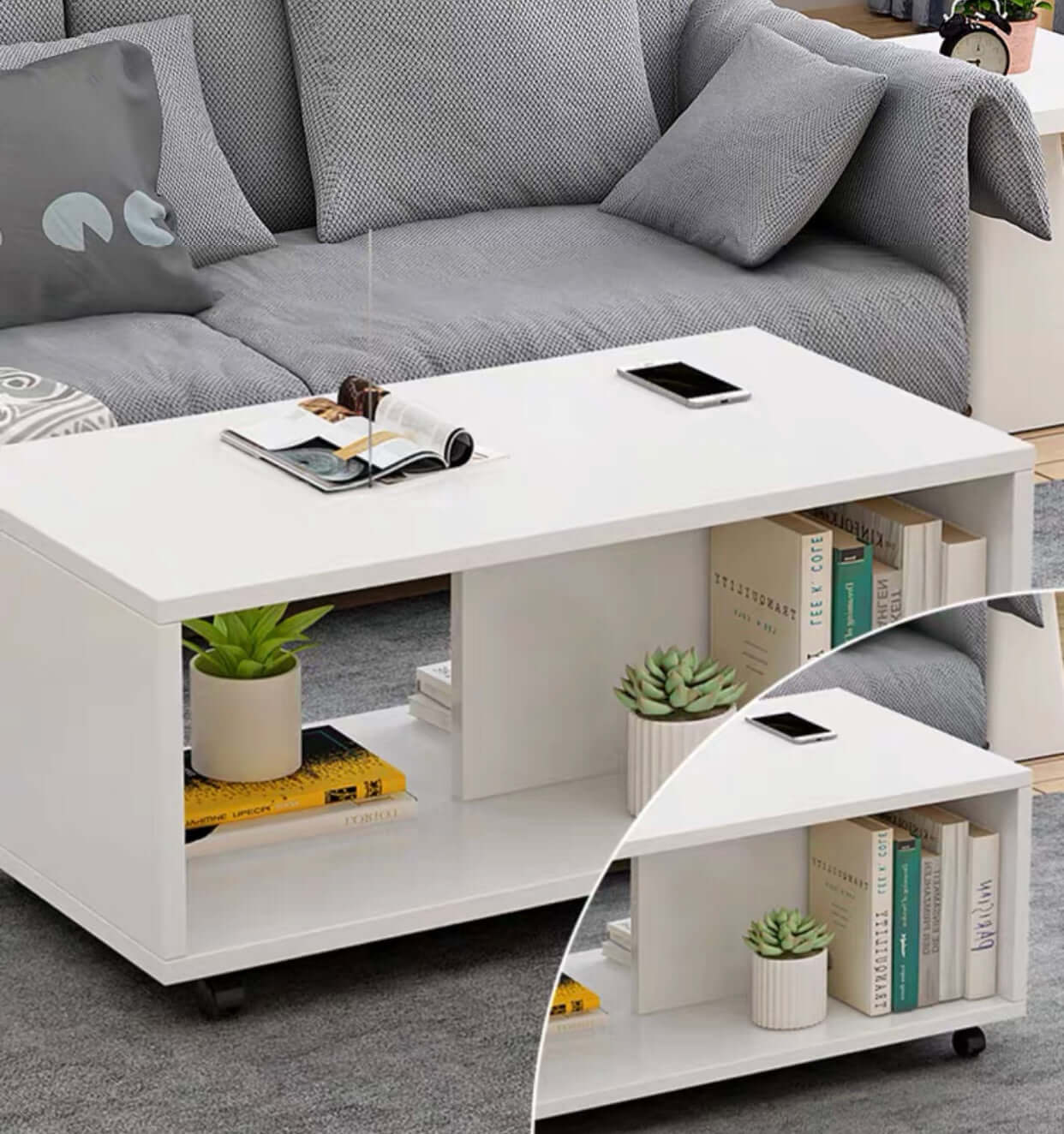 Coffee Table White with Wheels - Image 7