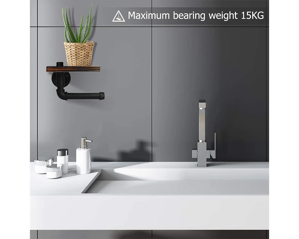 Industrial Toilet Paper Holder with Rustic Wooden Shelf - Image 8