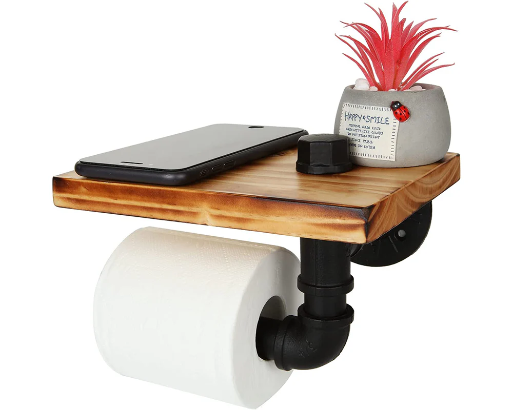 Industrial Toilet Paper Holder with Rustic Wooden Shelf - Image 9
