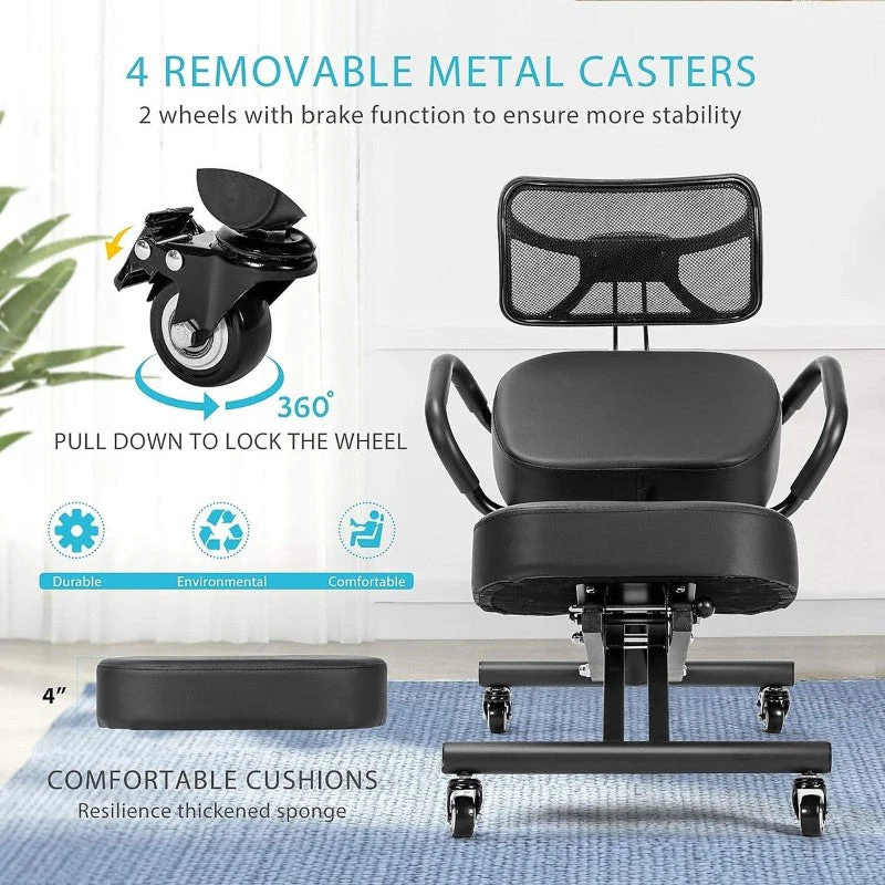 Ergonomic Kneeling Posture Chair With Backrest Adjustable Height And Casters - Image 3
