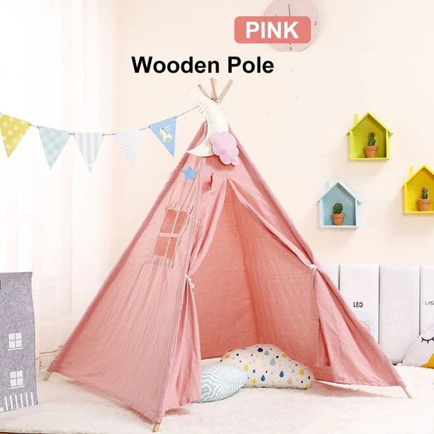Kids Play Tent Kids Canvas Teepee Tent Playhouse Beige - Image 3