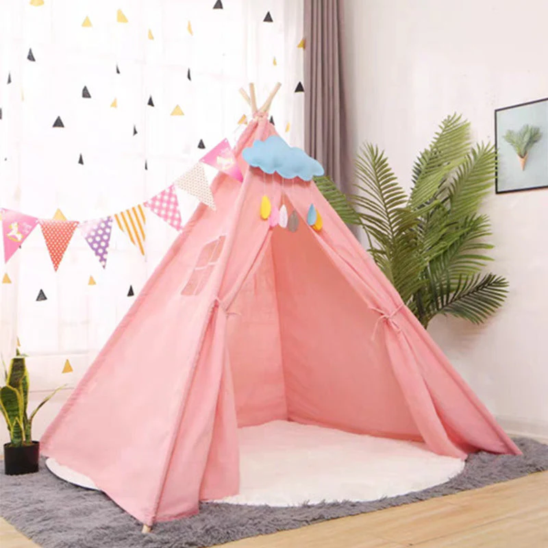 Kids Play Tent Kids Canvas Teepee Tent Playhouse Beige - Image 8