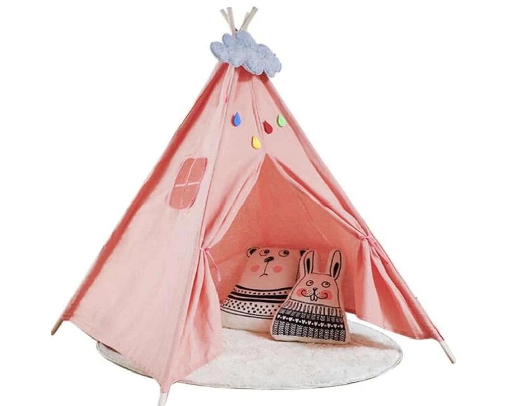 Kids Play Tent Kids Canvas Teepee Tent Playhouse Beige - Image 9