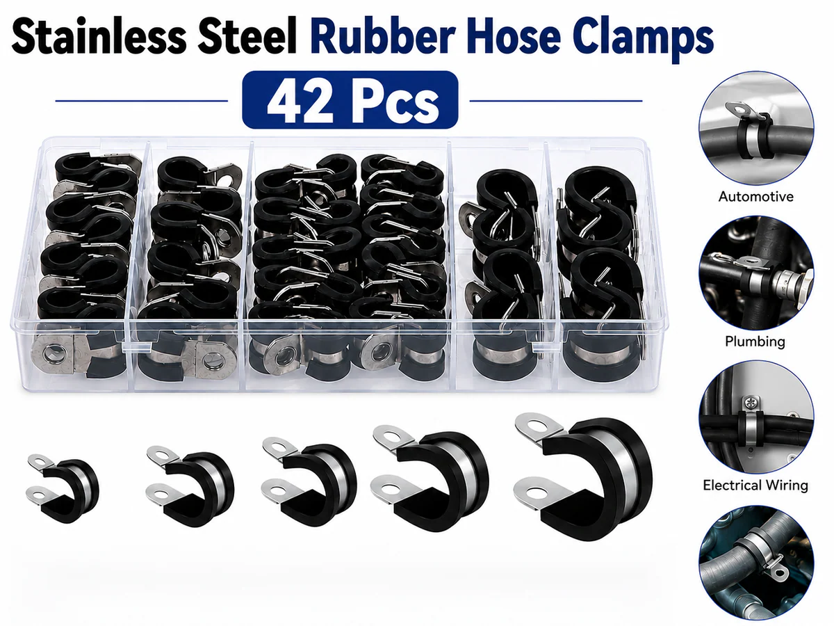 Rubber Hose Clamps 42PCS Stainless Steel P Clips Assortment Kit - Image 2