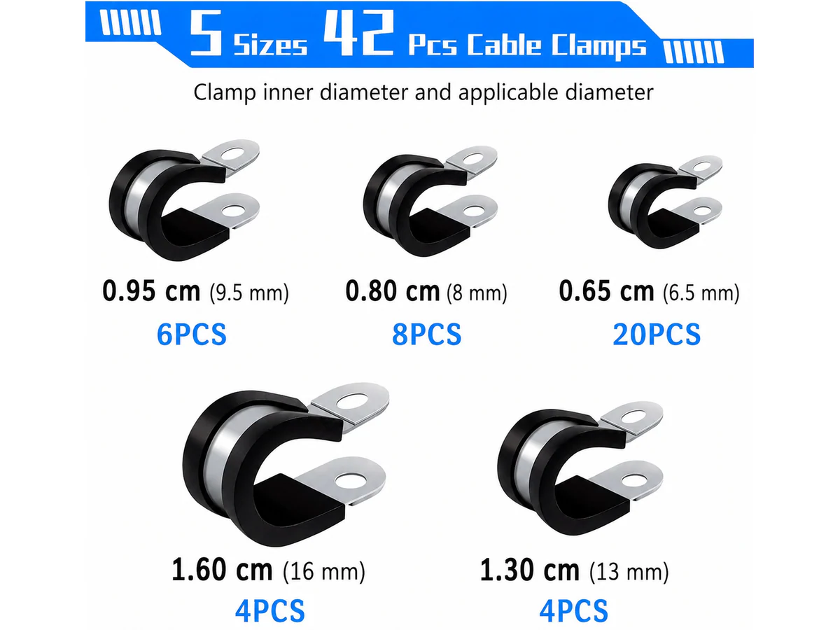 Rubber Hose Clamps 42PCS Stainless Steel P Clips Assortment Kit - Image 3