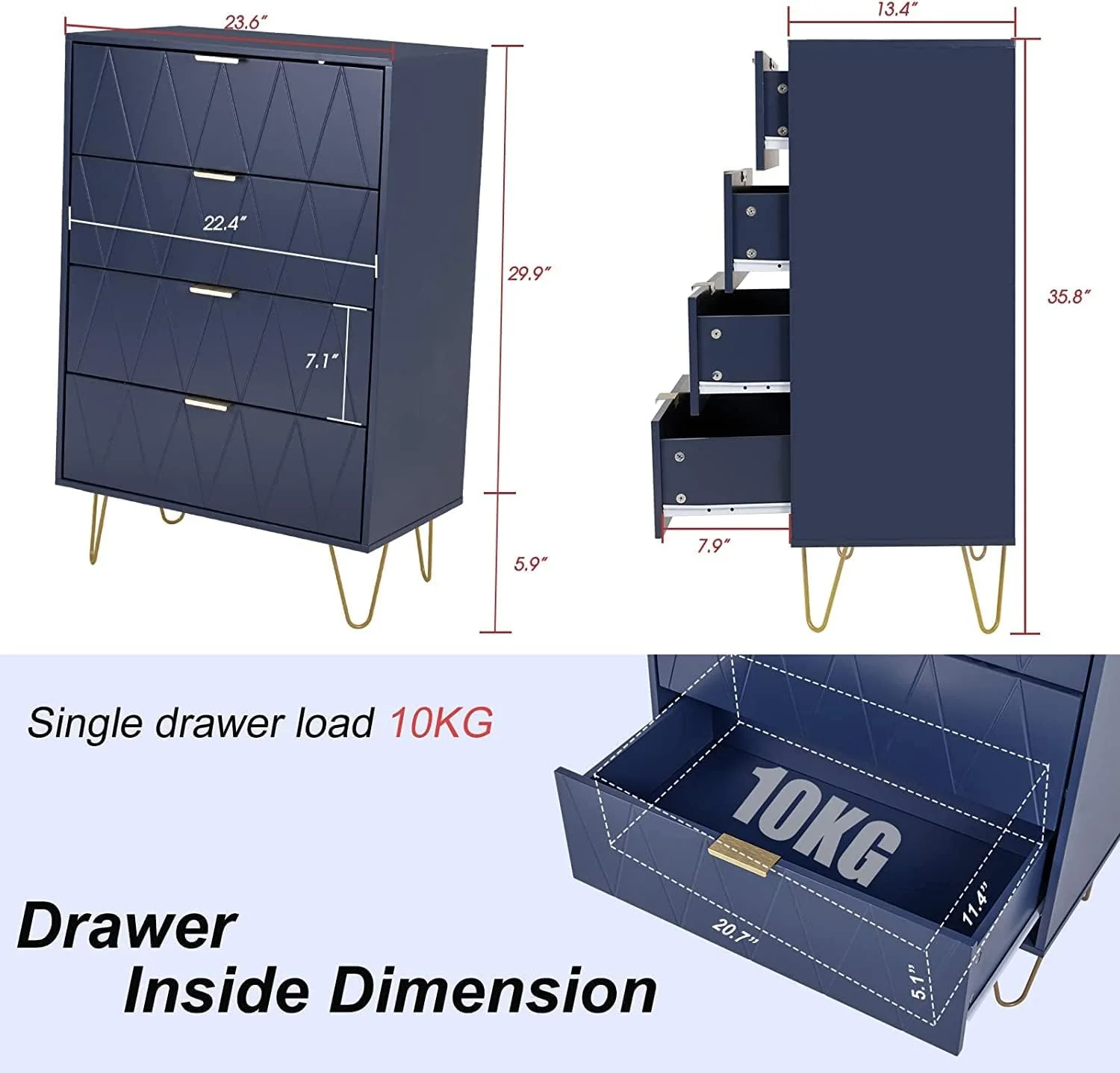 Tallboy Chest of Drawers - 4-Drawer Dressers for Bedroom (Navy) - Image 8