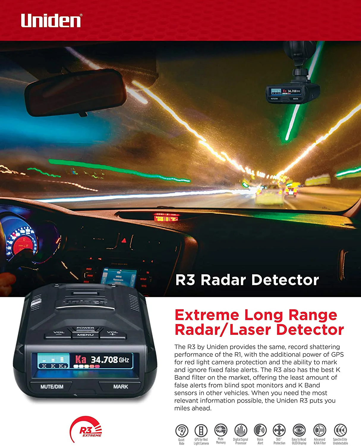 Uniden R3 Radar Detector Extreme Range Laser Radar Detection w/ GPS - Image 2
