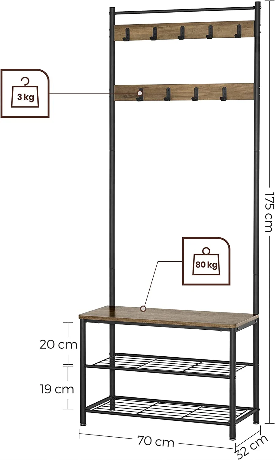 Wooden Coat Rack with Shelves Hooks by VASAGLE - Image 6