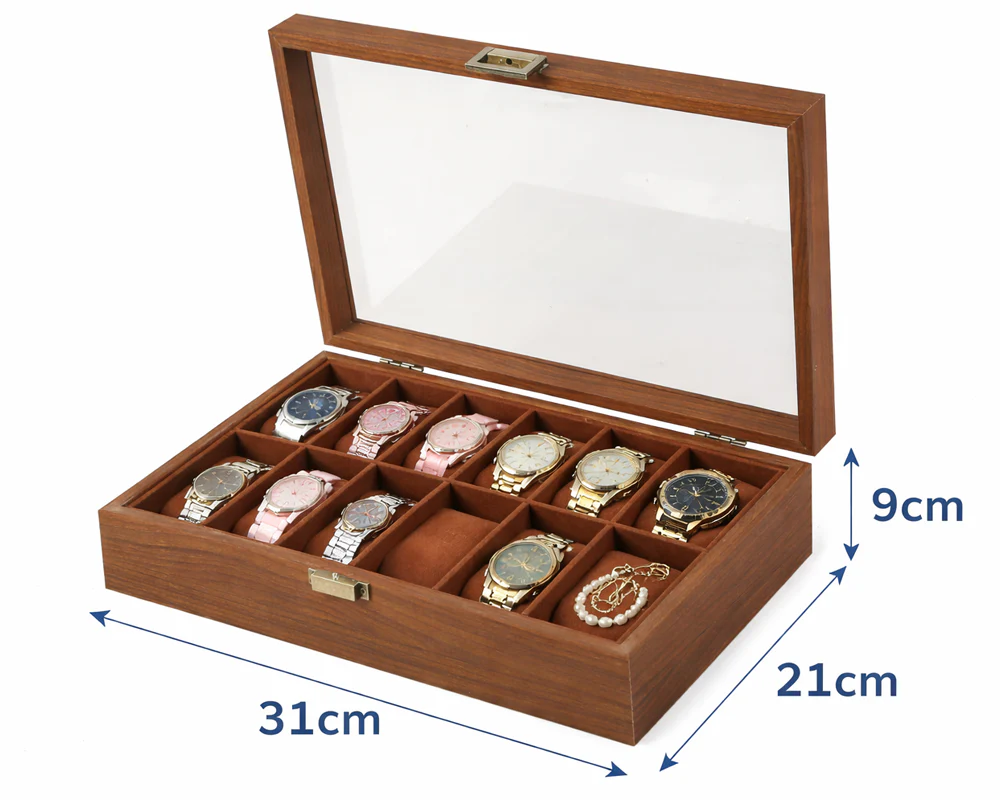 12 Slot Wooden Watch Display Case with Glass Lid Watch Box Organiser - Image 2